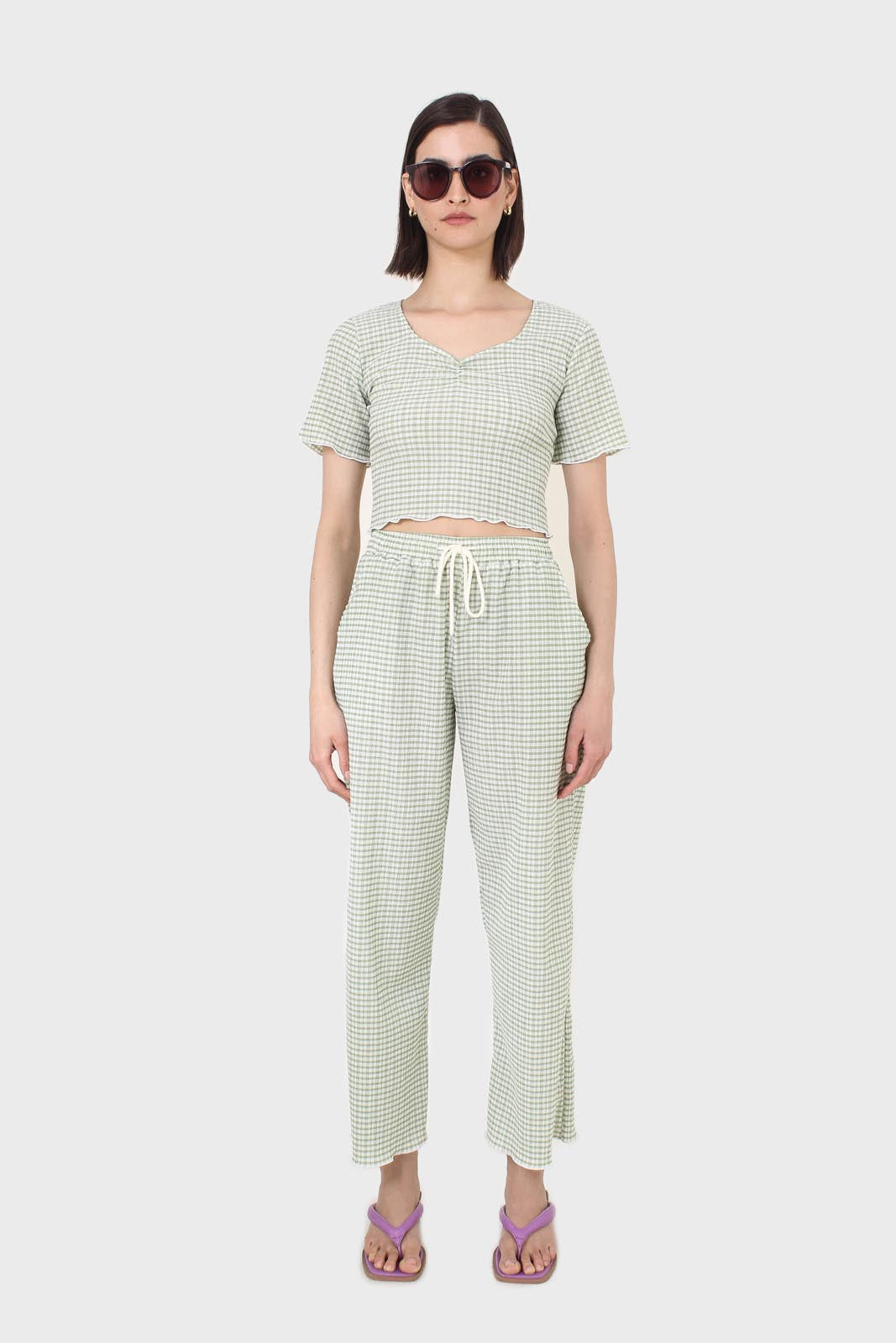 Green gingham ruched neck tee