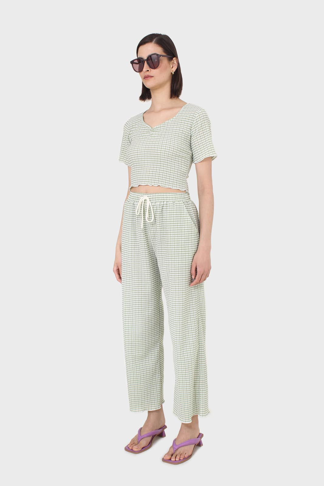 Green gingham ruched neck tee
