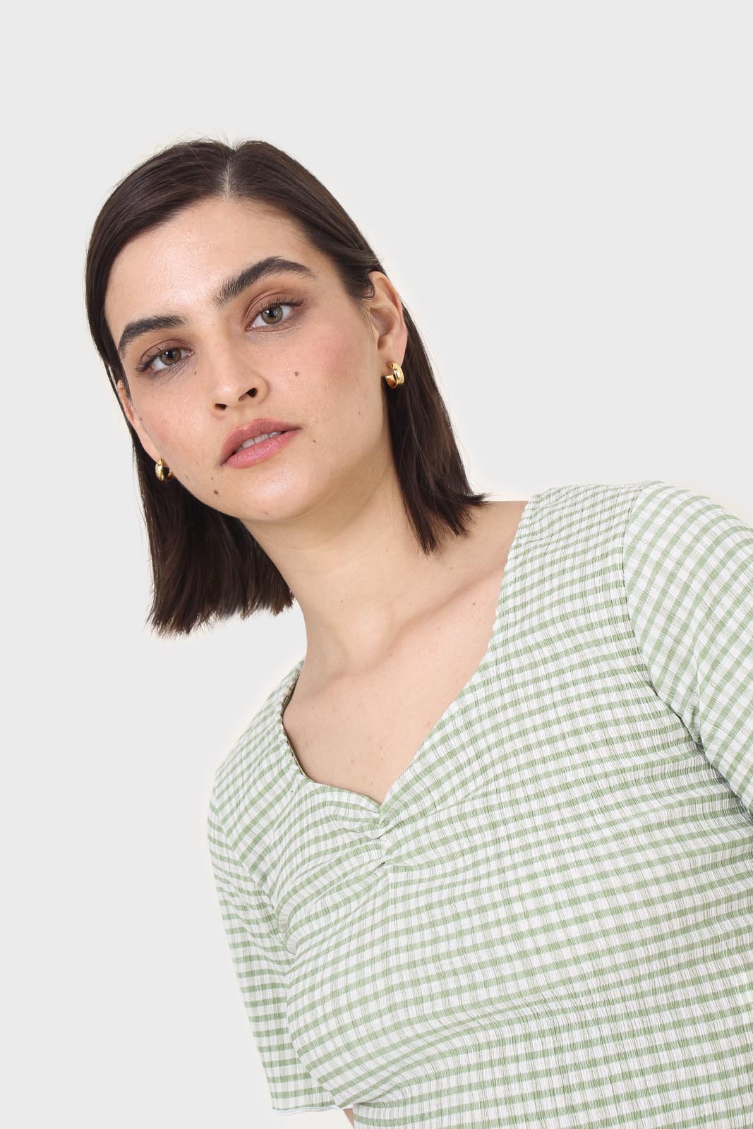 Green gingham ruched neck tee