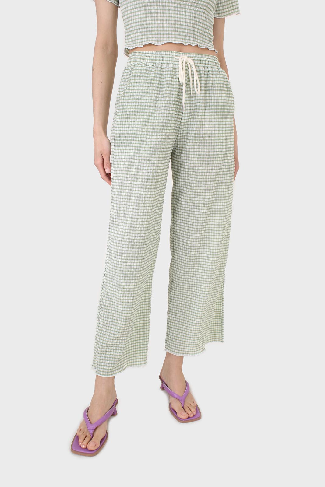 Green gingham loose fit drawstring trousers