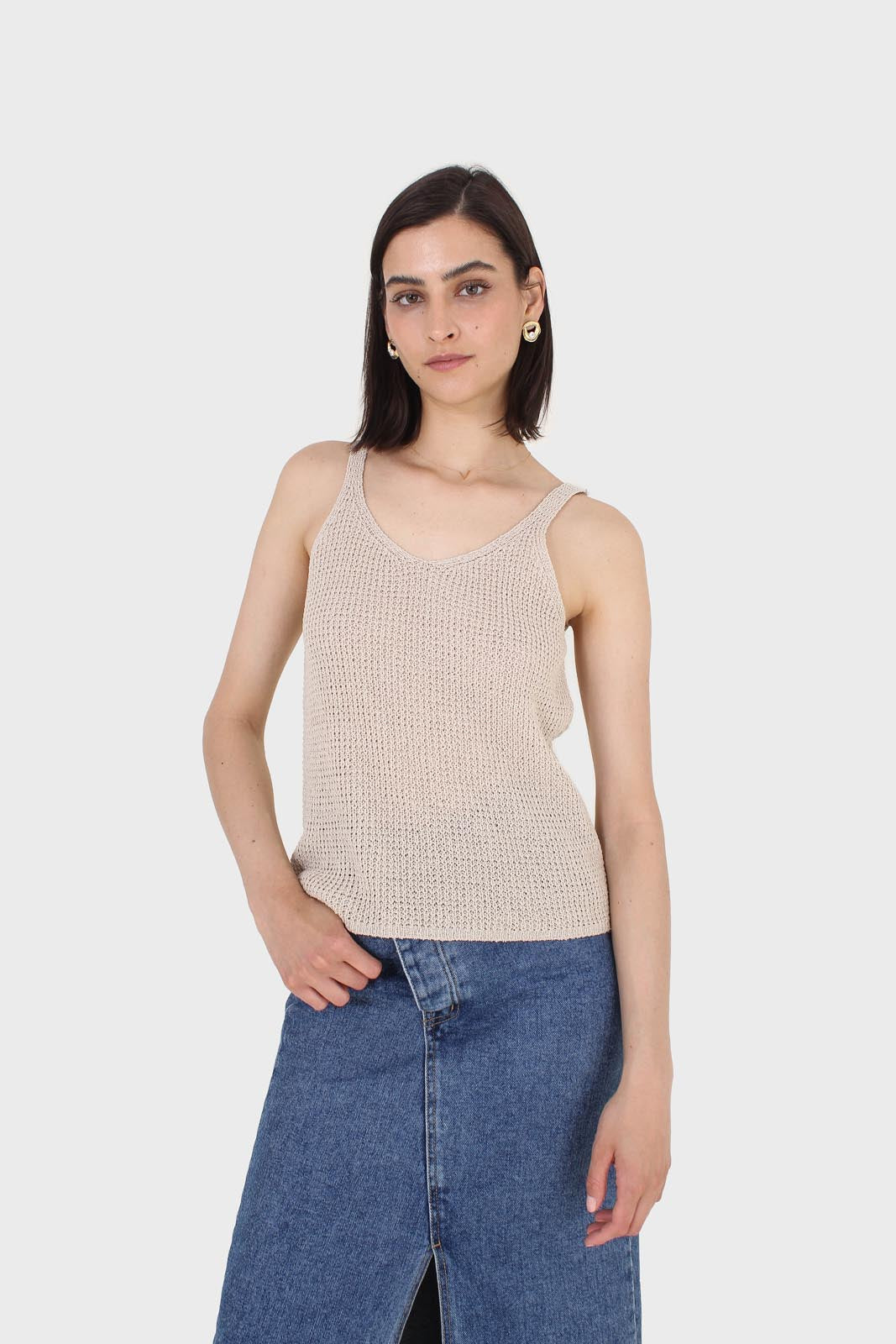 Pale beige V neck knit tank