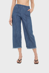 Blue pin tuck raw hem jeans