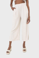 Pale beige pinstripe linen blend side slit trousers