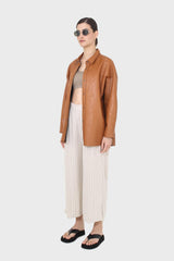 Pale beige pinstripe linen blend side slit trousers