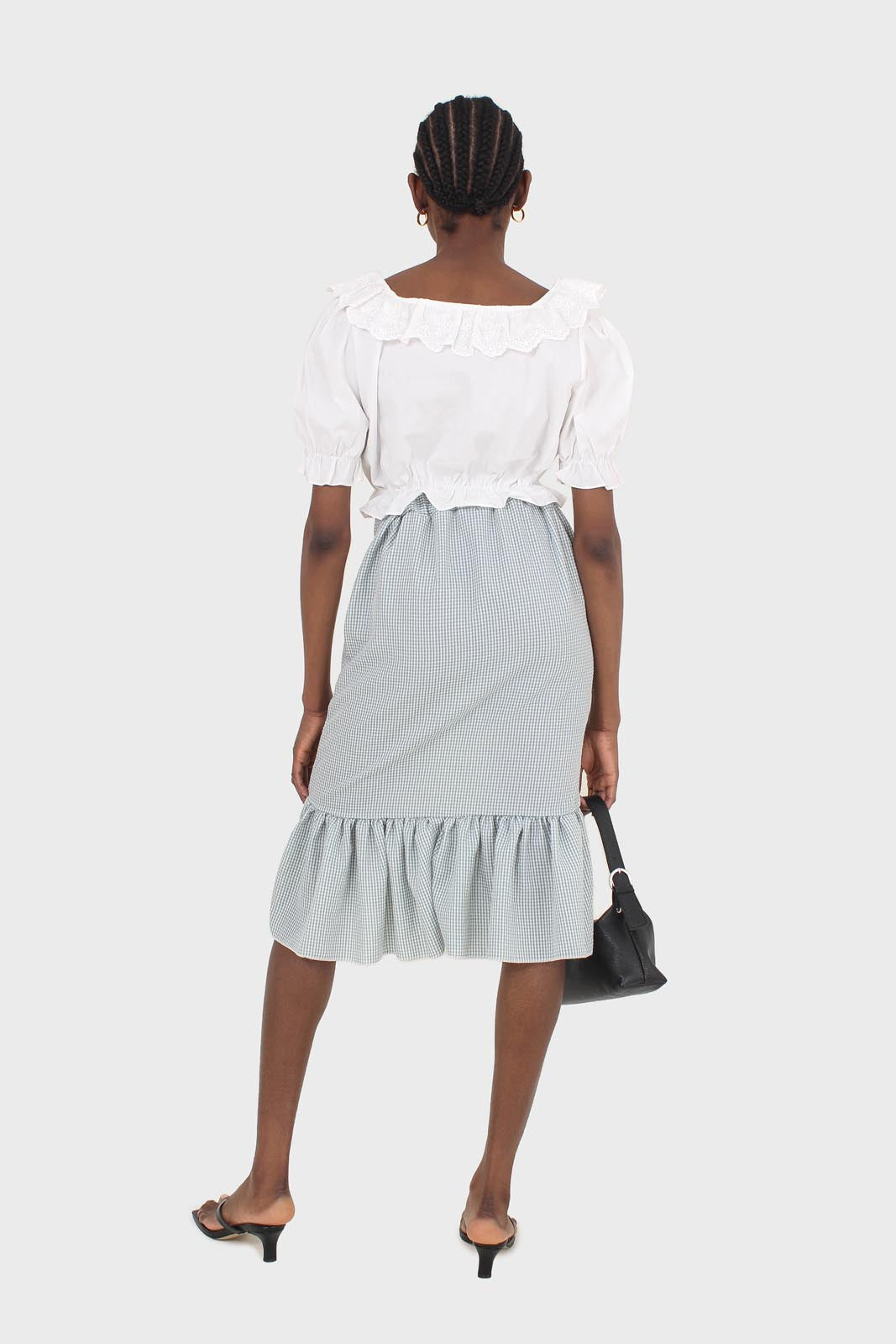 Khaki gingham ruffle tier midi skirt - set