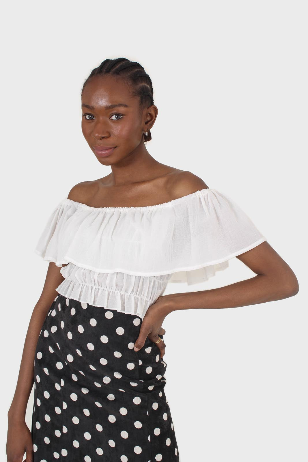 Ivory off shoulder large tier peasant top