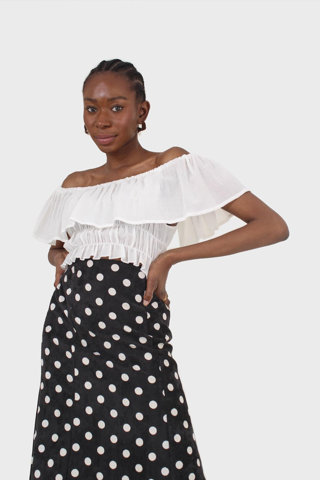 Ivory off shoulder large tier peasant top