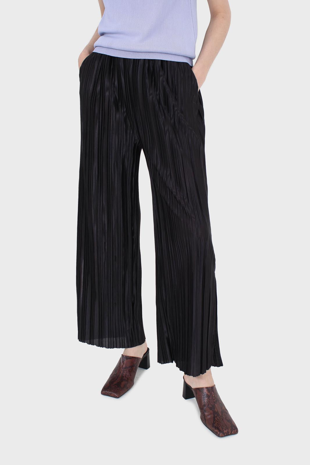 Black micro pleat tie waist trousers