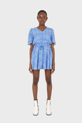 Blue and white floral print tie waist romper
