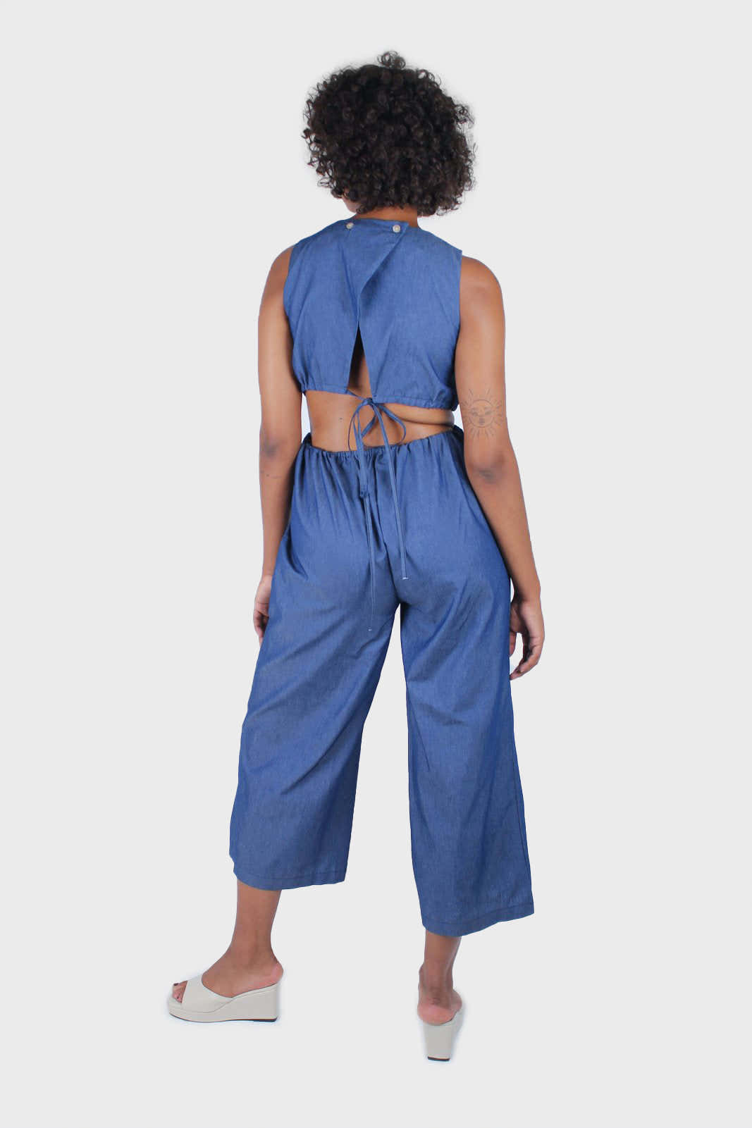 Blue chambray peek back square neck jumpsuit