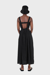 Black open back ruched strap maxi dress