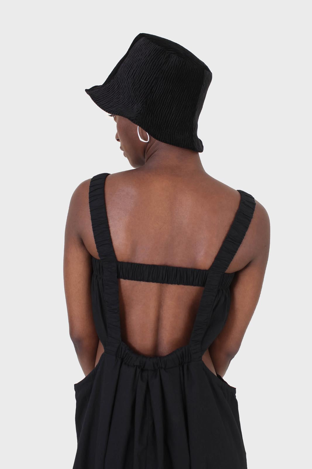 Black open back ruched strap maxi dress