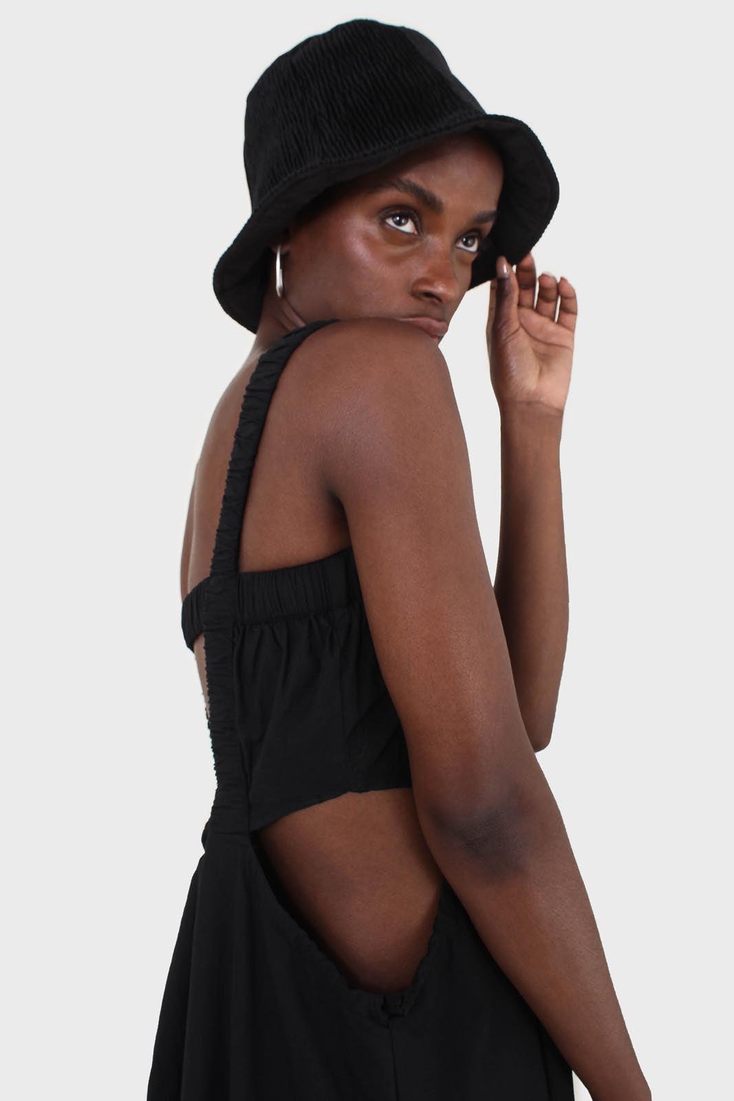 Black open back ruched strap maxi dress