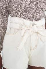 Ivory and brown contrast stitch tie waist denim shorts - 797