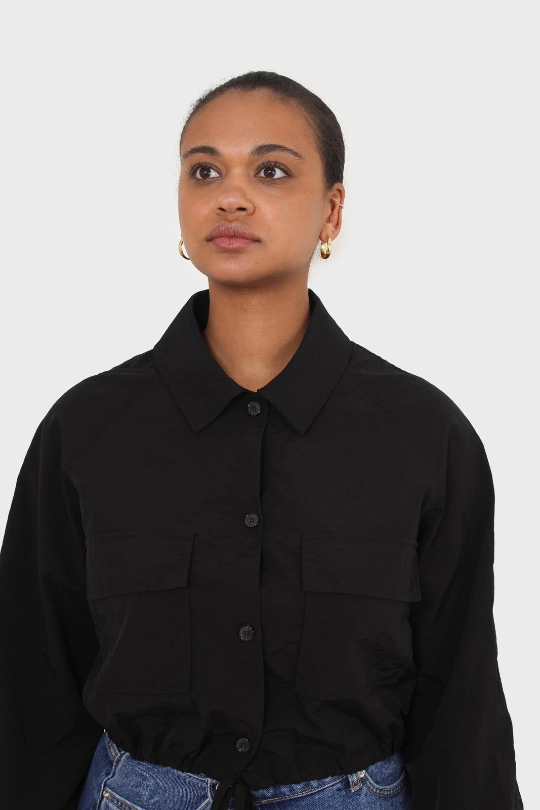 Black drawstring hem shirt jacket