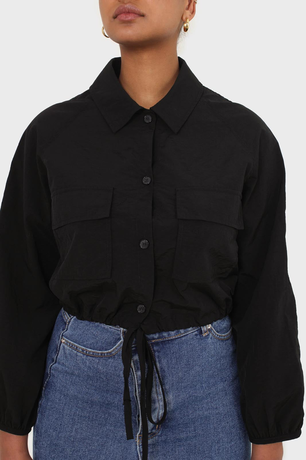Black drawstring hem shirt jacket
