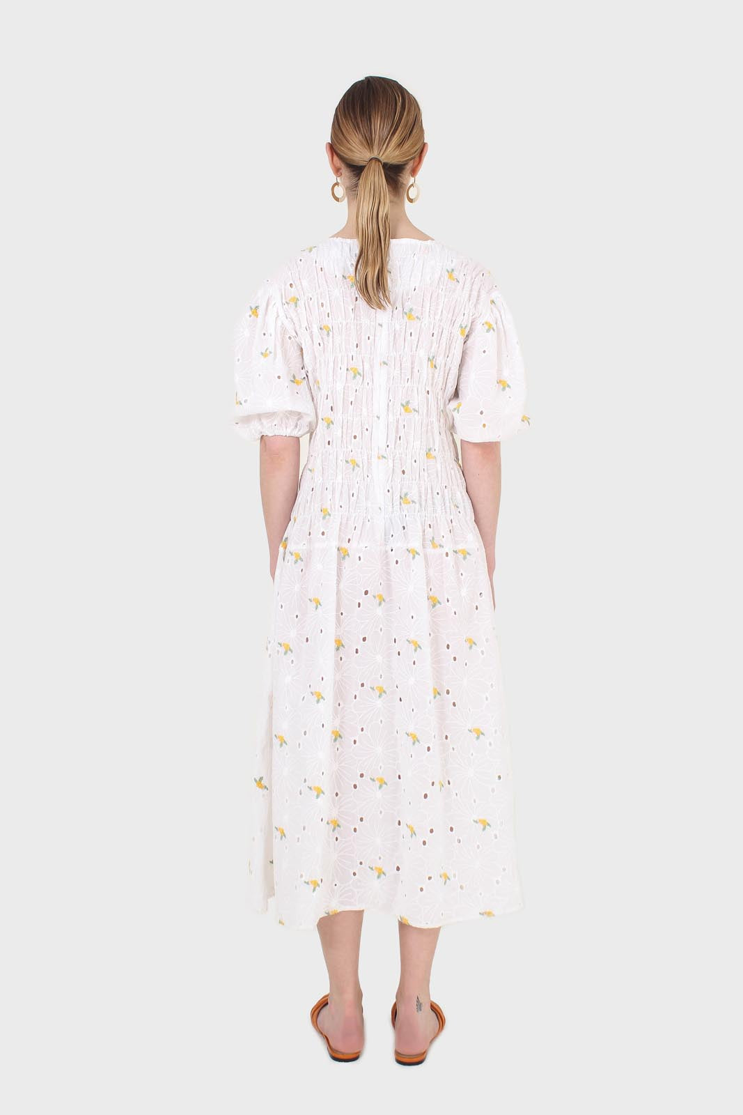 Ivory and yellow embroidered floral lace dress