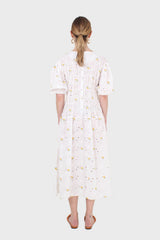 Ivory and yellow embroidered floral lace dress