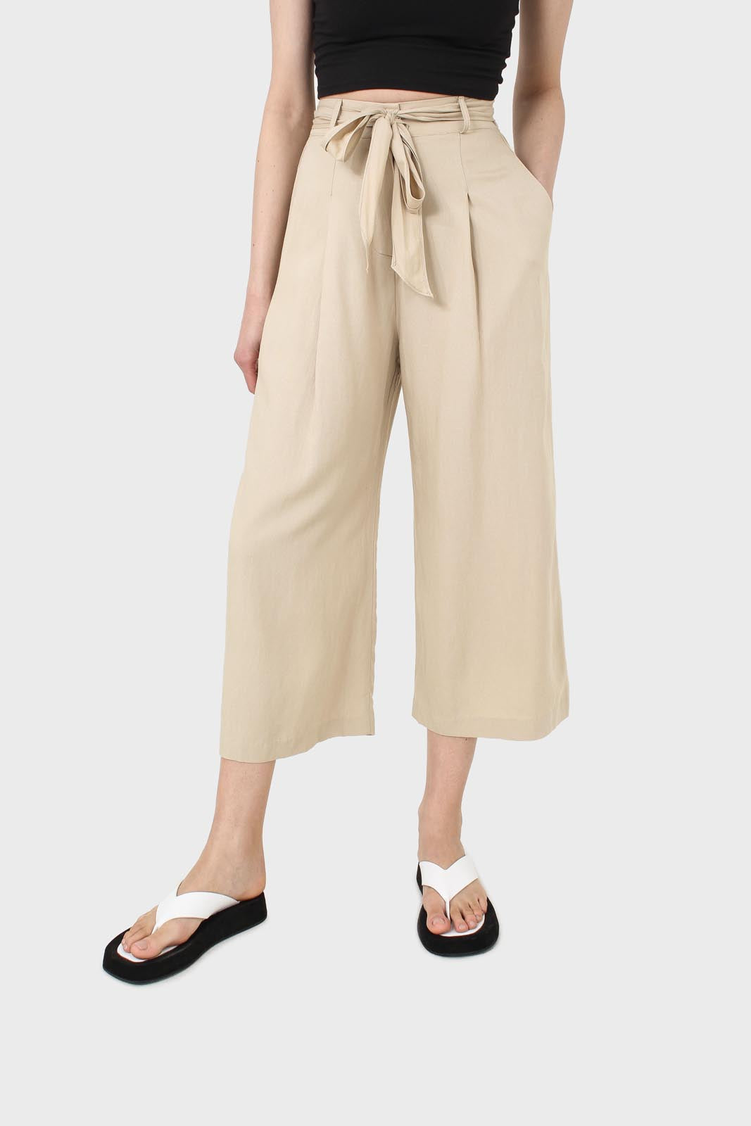 Beige soft tie waist wide leg trousers