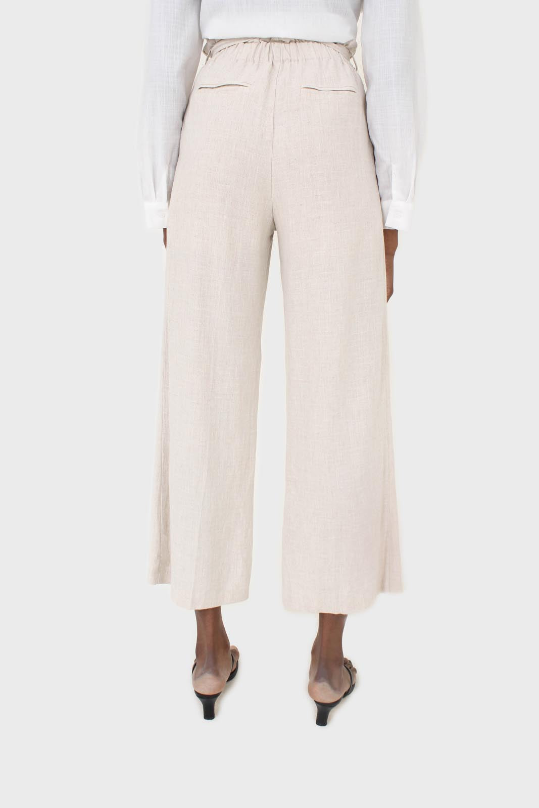 Oatmeal linen belted loose fit trousers