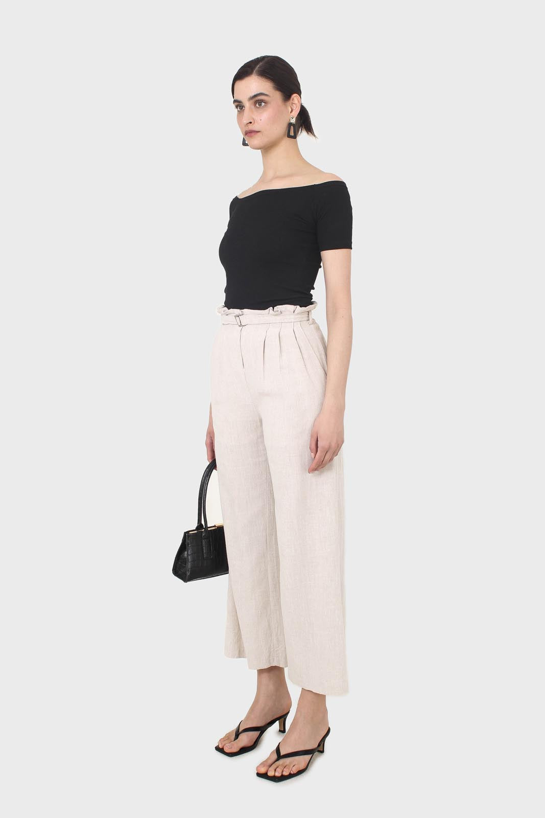 Oatmeal linen belted loose fit trousers