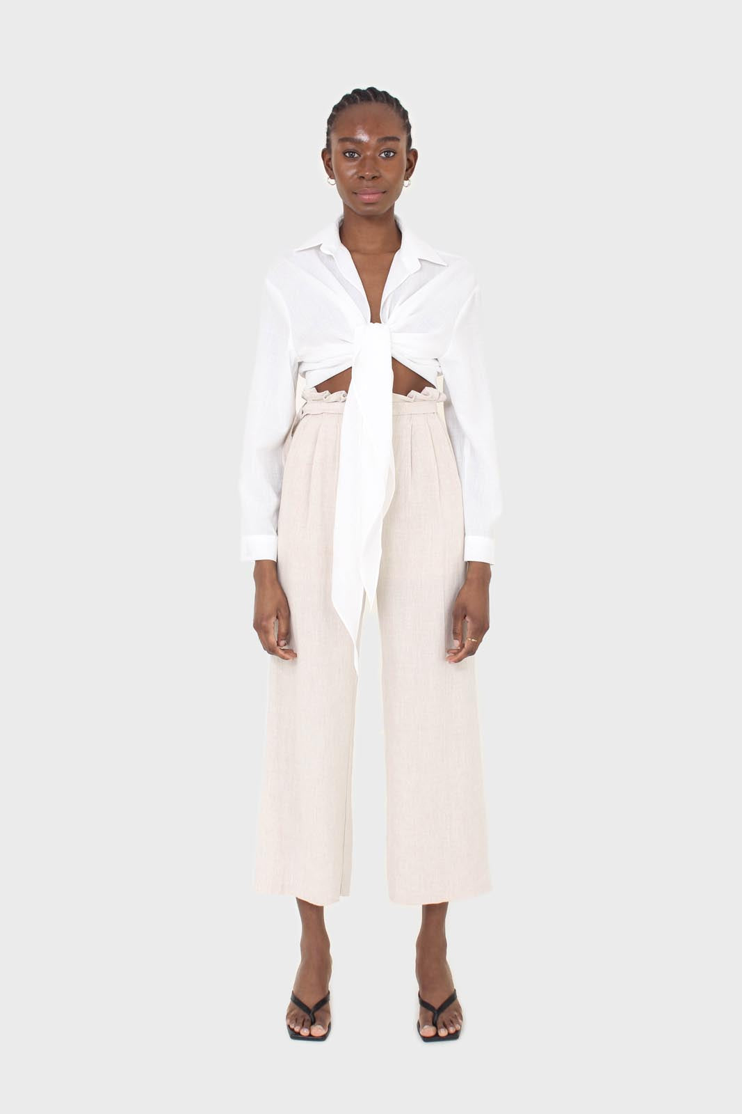 Oatmeal linen belted loose fit trousers