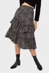 Black leopard print multi tier midi skirt