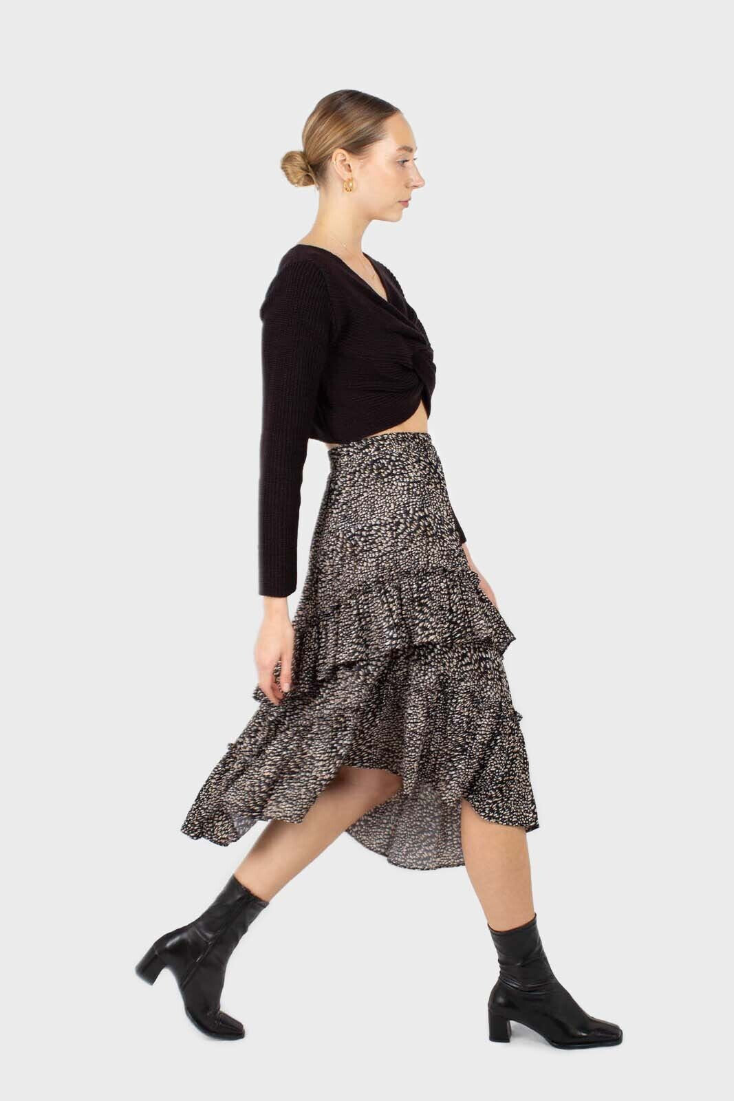 Black leopard print multi tier midi skirt