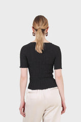 Black smocked fitted short sleeved top