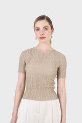 Beige smocked fitted short sleeved top