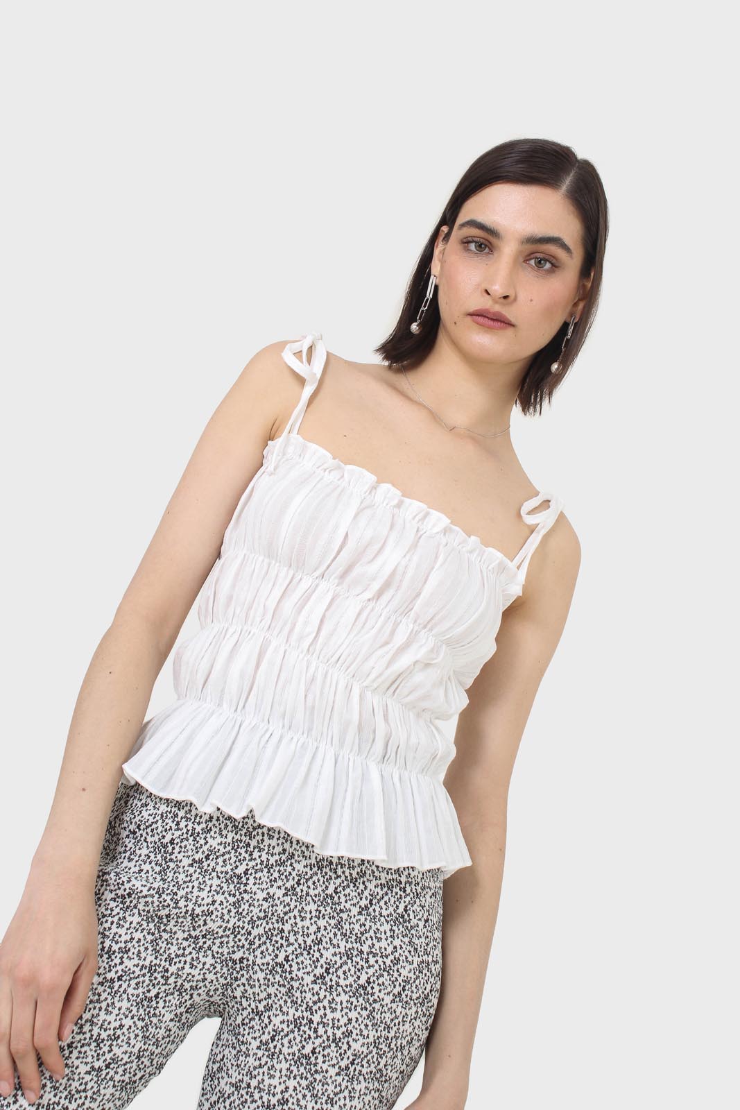 White smocked tie strap tank