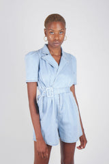 Light blue denim open back romper