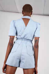 Light blue denim open back romper