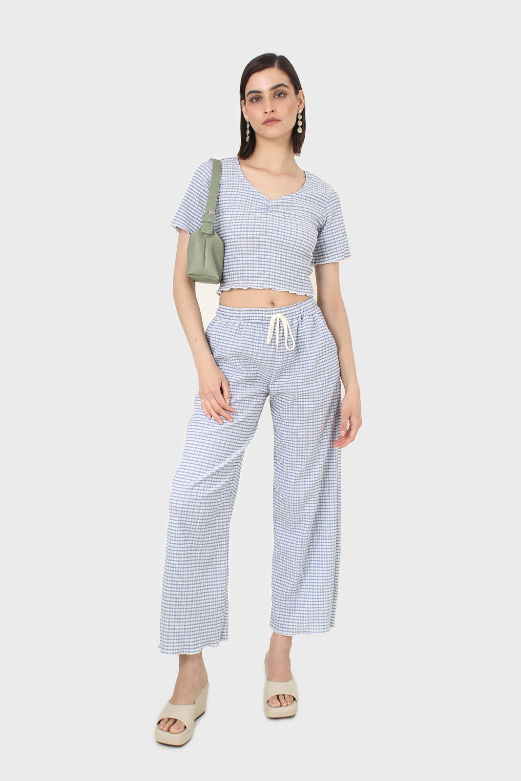 Blue gingham ruched neck tee