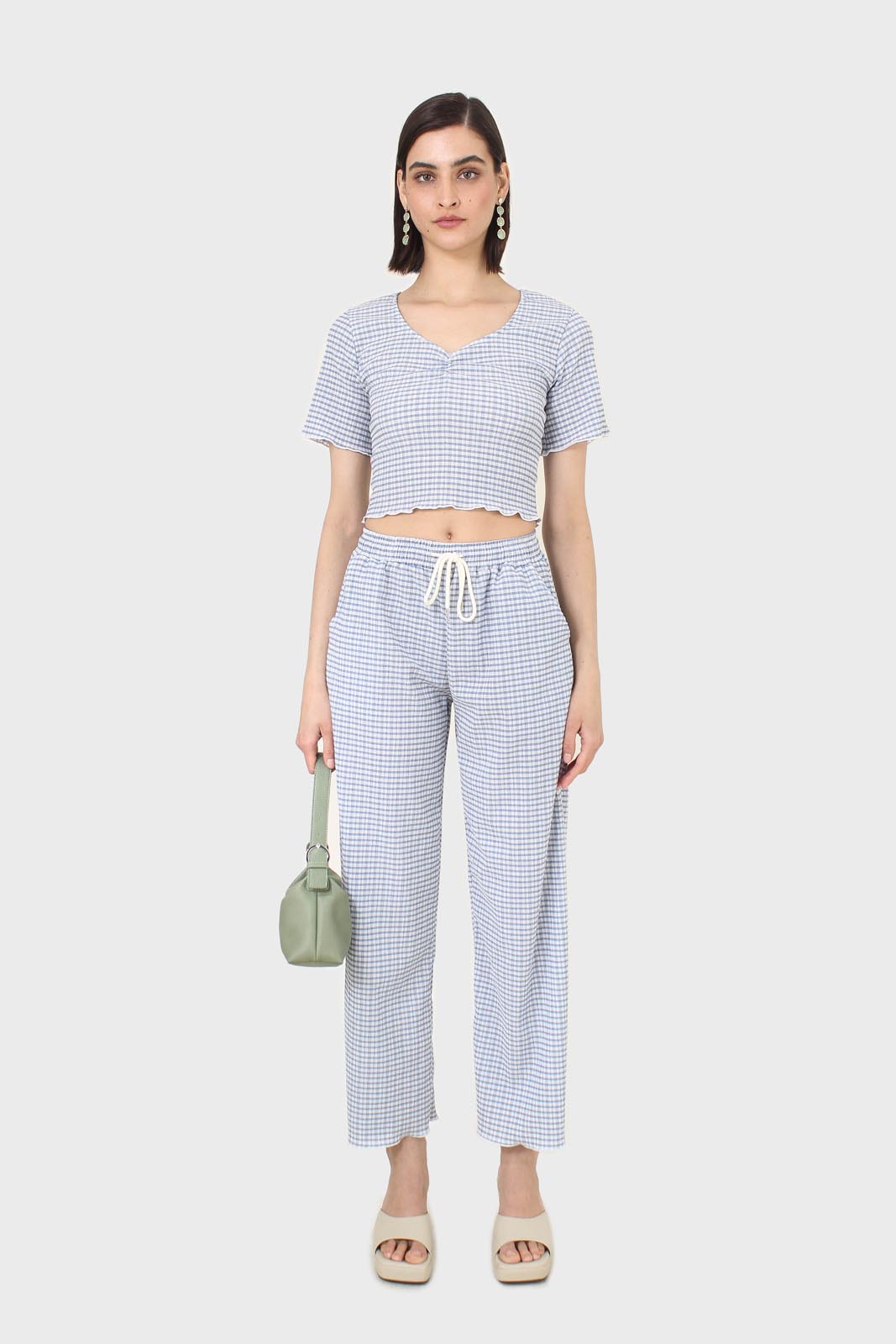 Blue gingham ruched neck tee