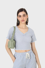 Blue gingham ruched neck tee