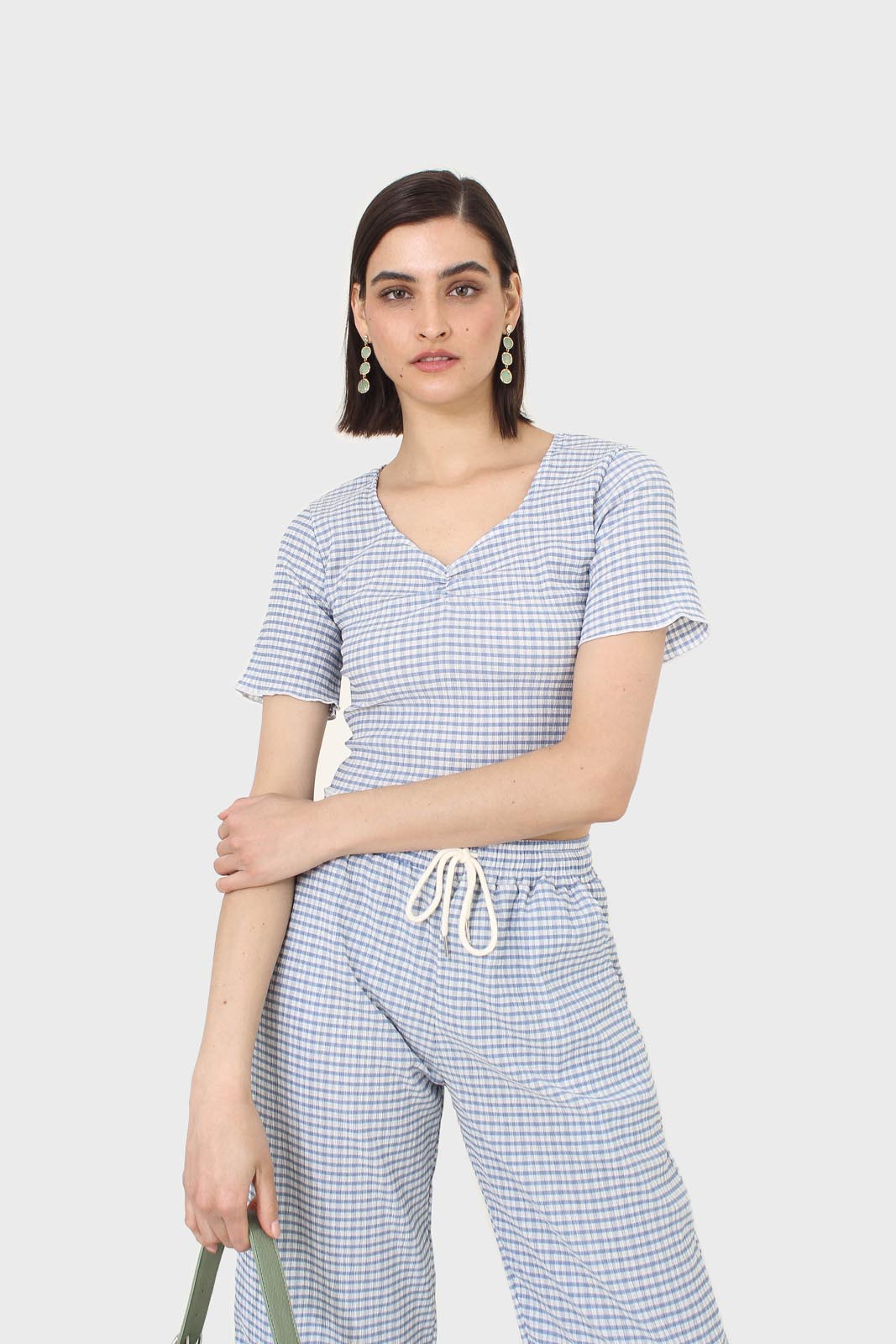 Blue gingham ruched neck tee