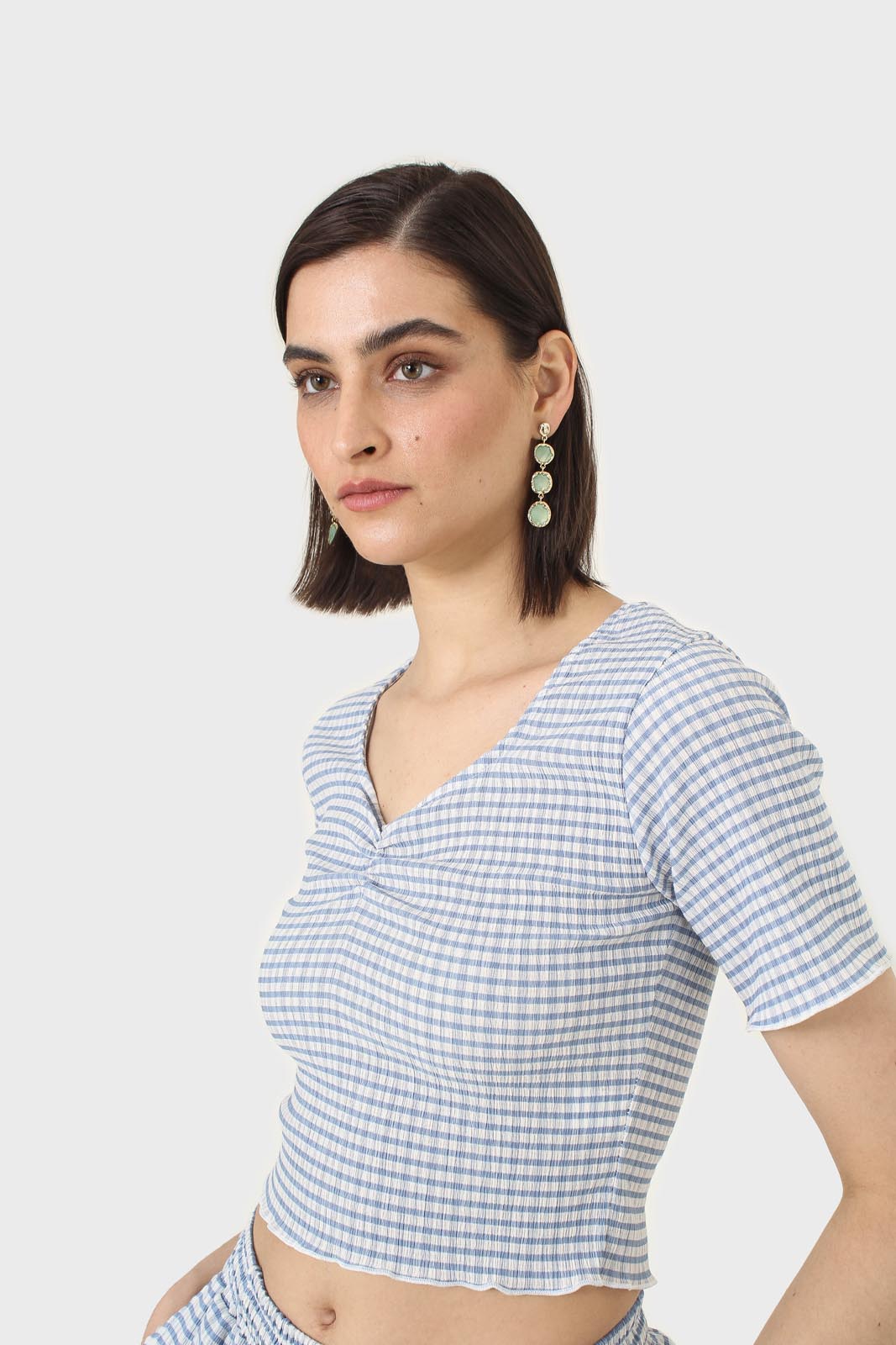 Blue gingham ruched neck tee
