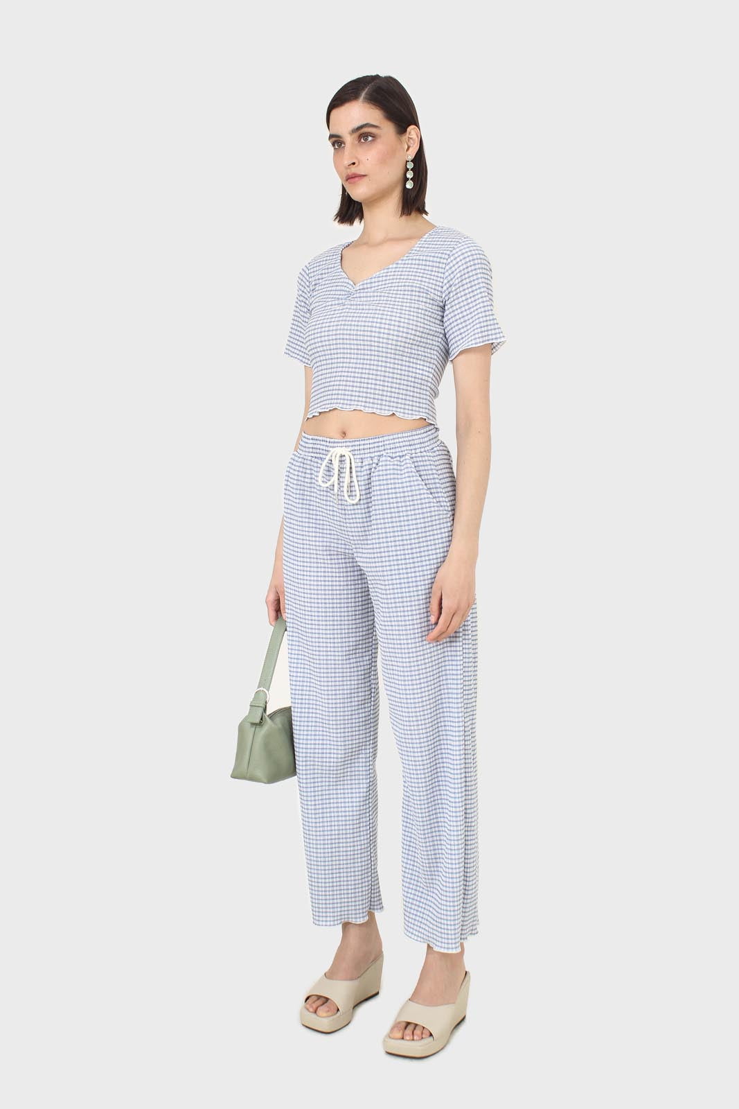 Blue gingham loose fit drawstring trousers