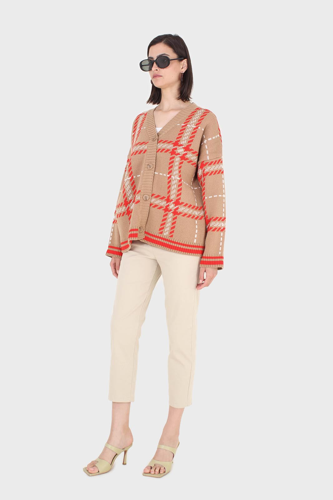 Camel and orange bold checked cardigan