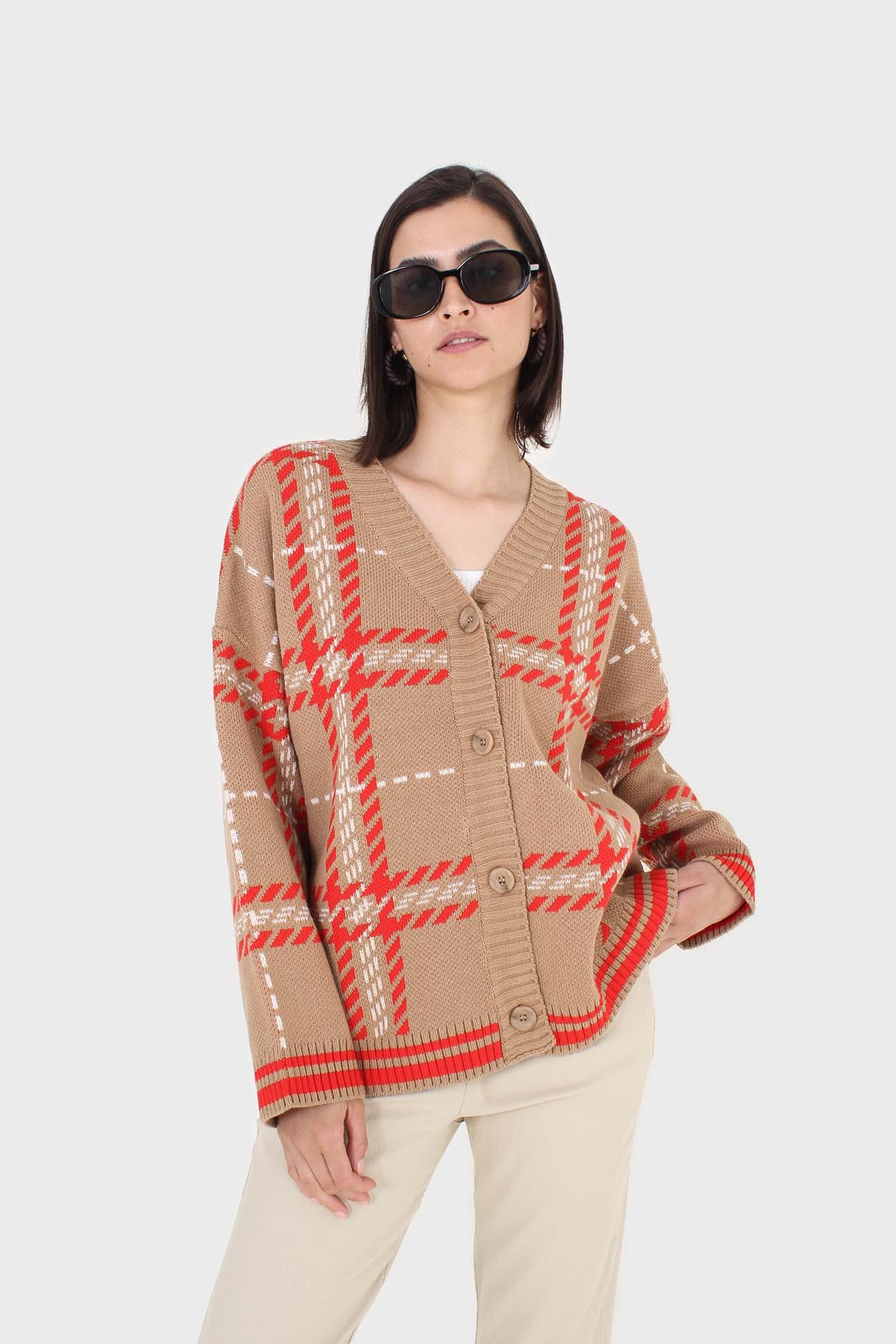 Camel and orange bold checked cardigan