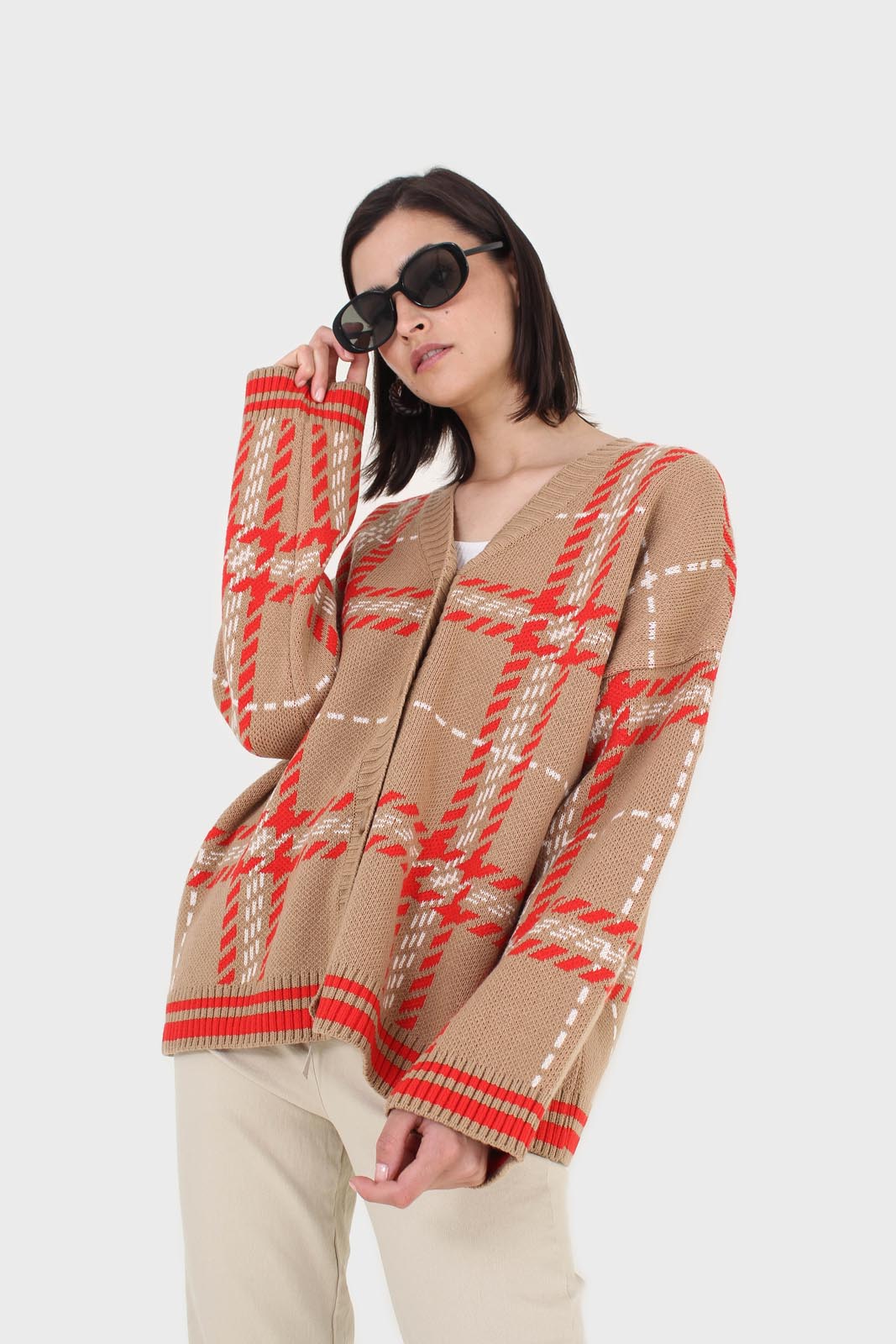 Camel and orange bold checked cardigan