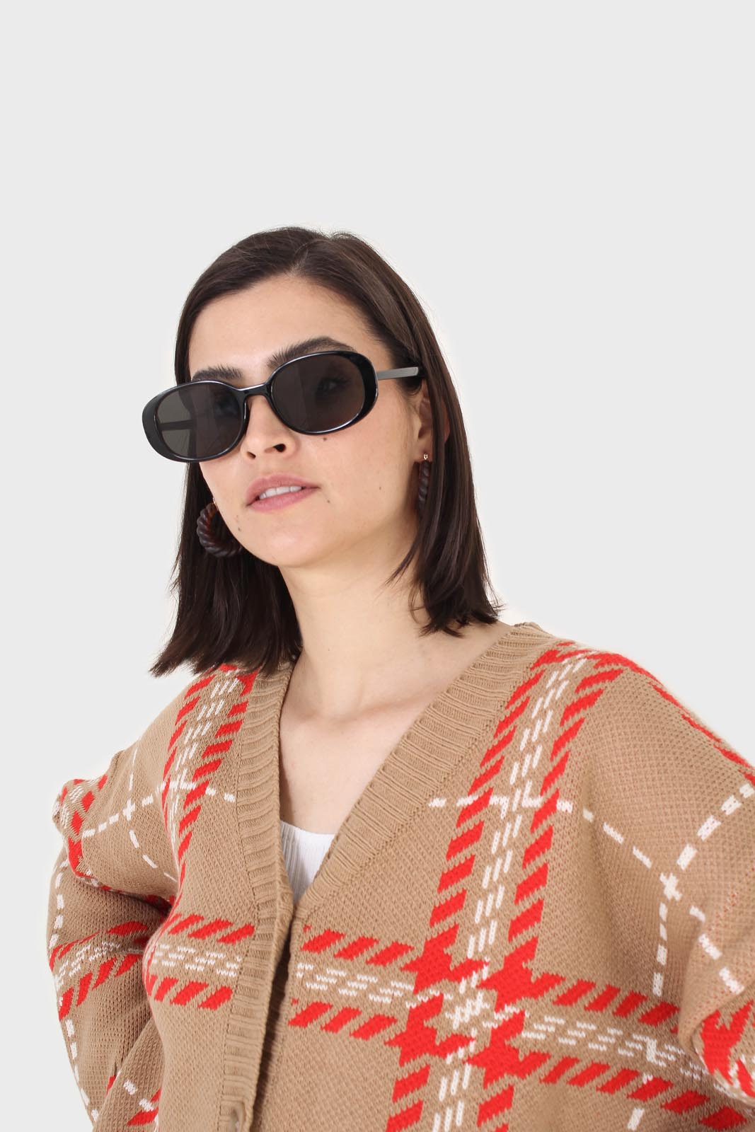 Camel and orange bold checked cardigan