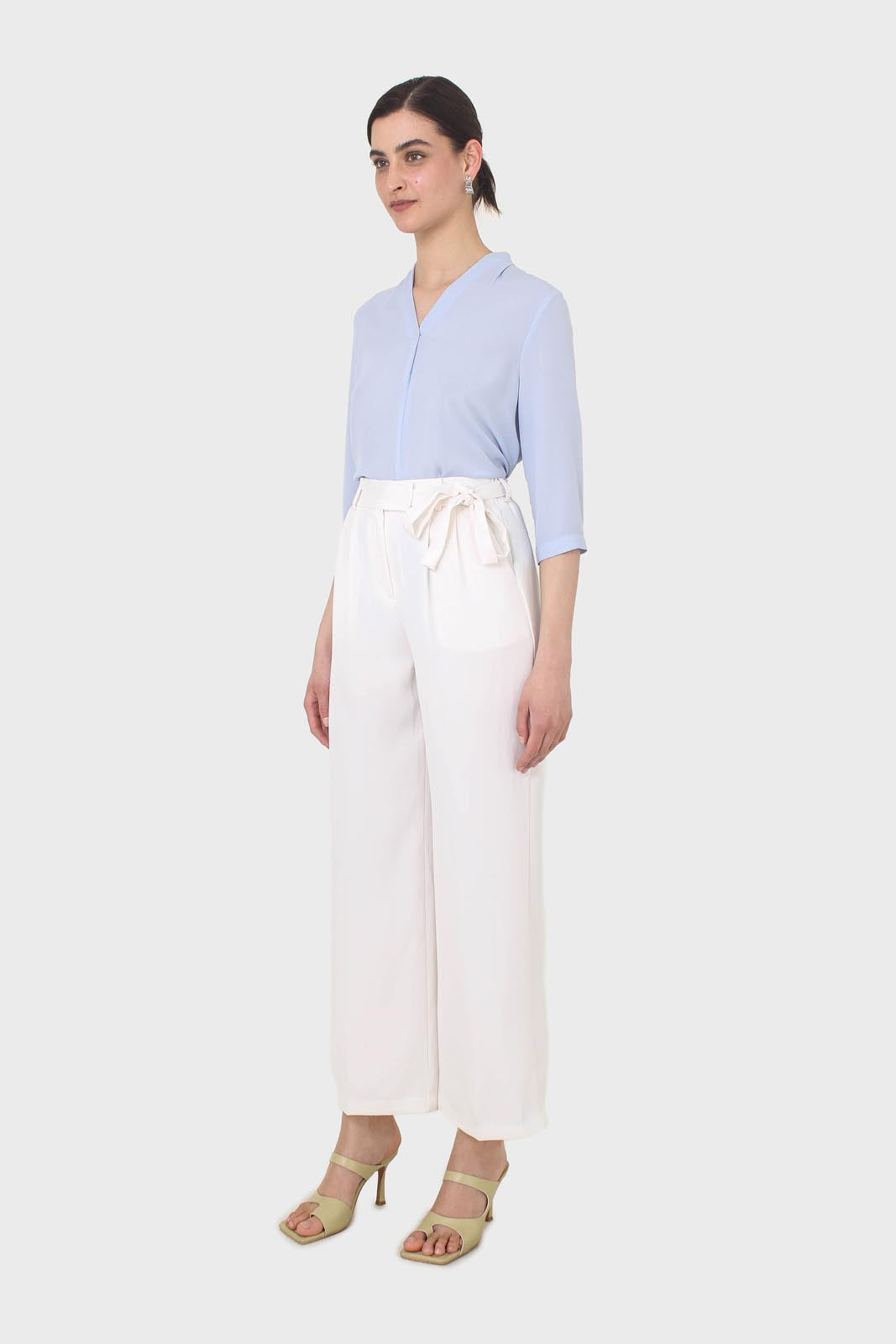 Ivory smart wide leg panel belted trousers