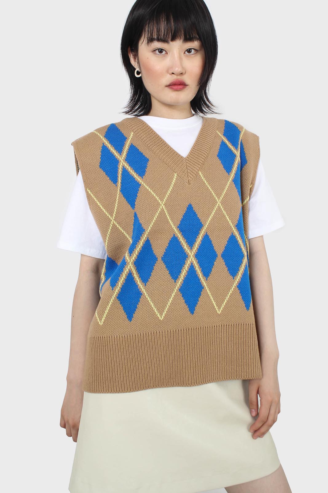 Camel and bright blue argyle sweater vest