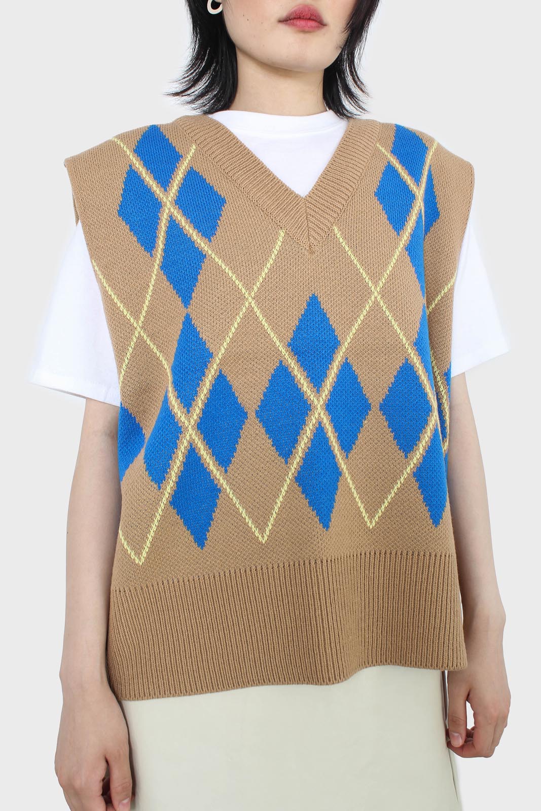 Camel and bright blue argyle sweater vest