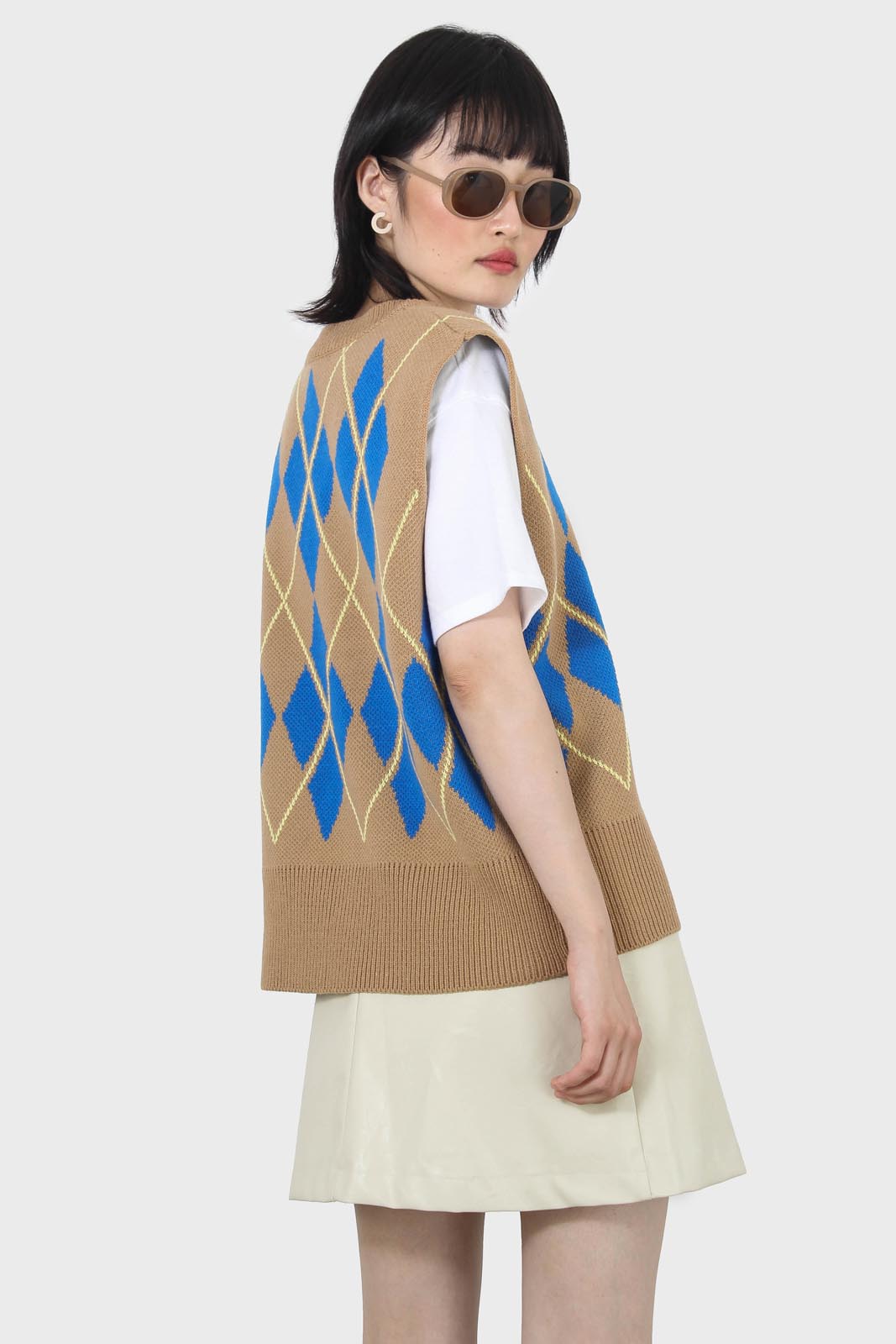 Camel and bright blue argyle sweater vest
