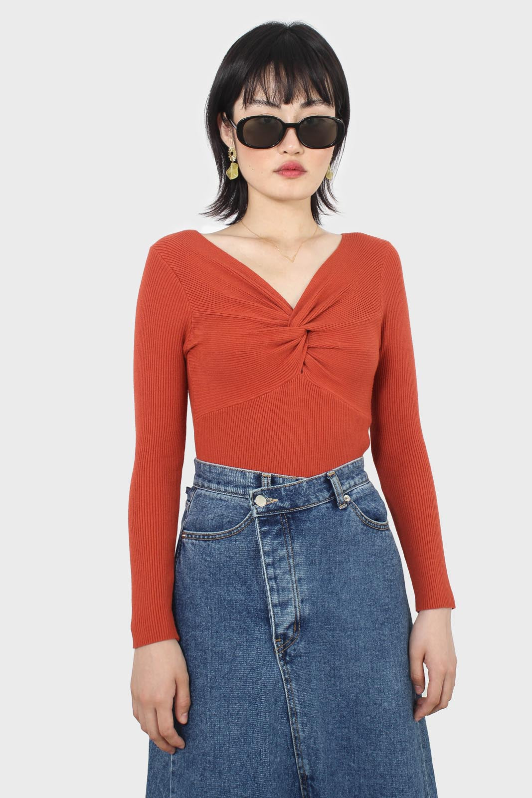 Orange cross front chest knit top