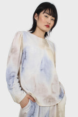 Beige and blue tie dye long sleeved top