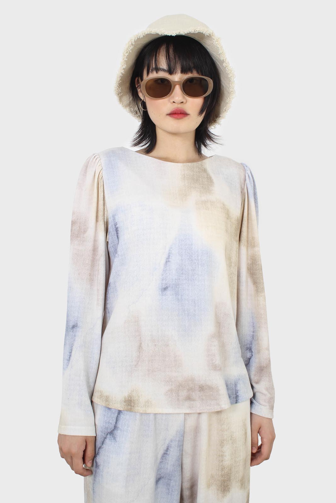 Beige and blue tie dye long sleeved top